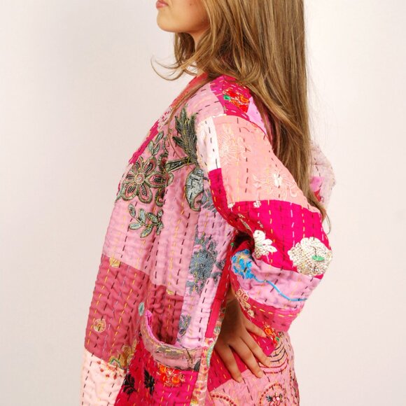 90s Embroidered Jacket (L) large pink coat patchwork vintage quilt paisley boho - Picture 4 of 10